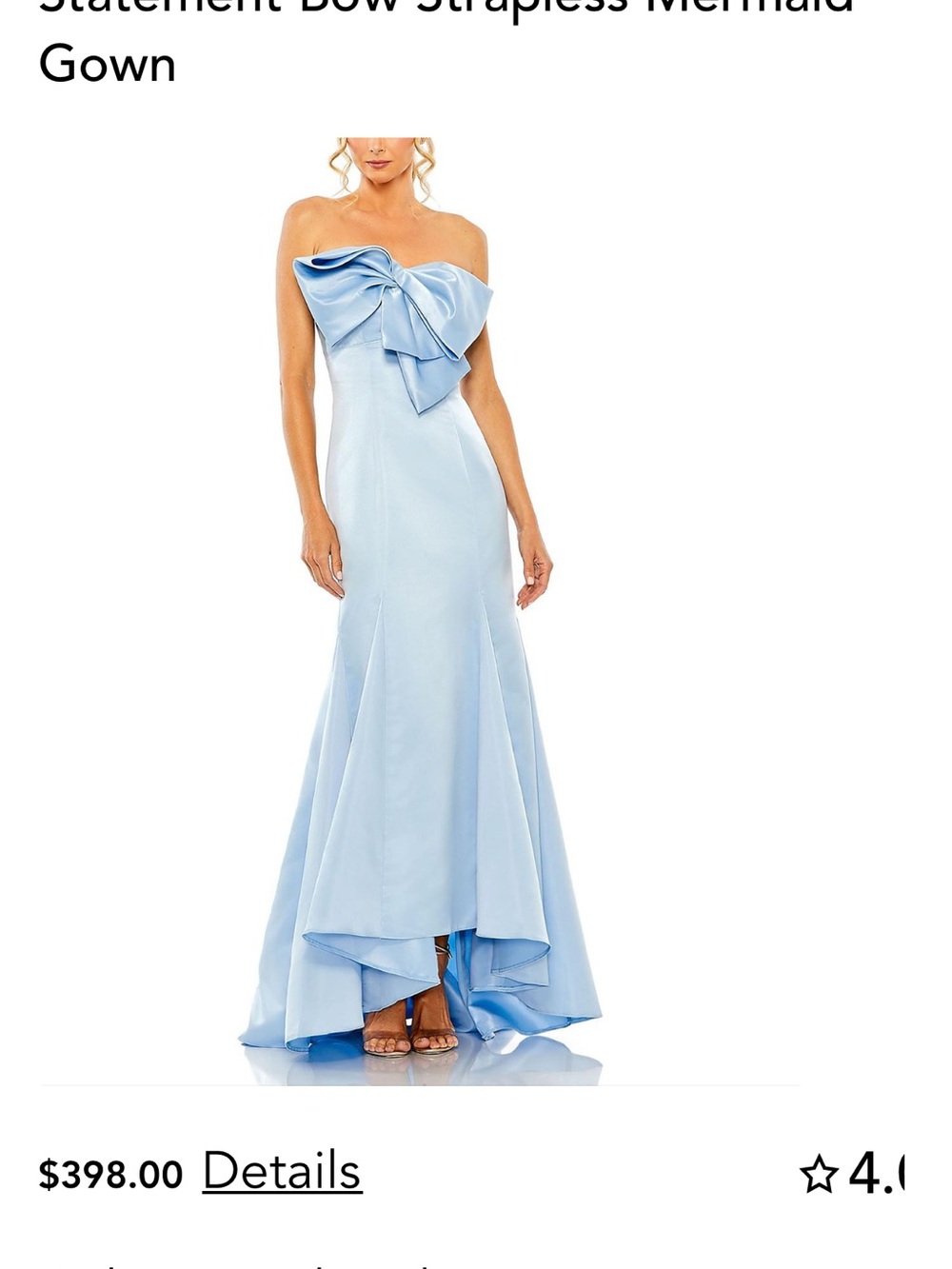 Mac Duggal Strapless Pale Blue Mermaid Gown with Oversized Bow